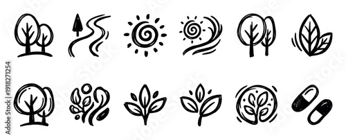 Set of black hand-drawn nature icons featuring trees, a sun, leaves, a river, and herbal supplement pills in a simple doodle sketch style for ecology and wellness concepts