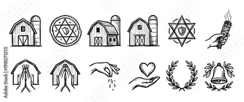 Diverse collection of hand-drawn sketch icons with barns, hexagrams, praying hands, a smudge stick, a heart, and a bell, illustrated in a rustic black ink doodle style