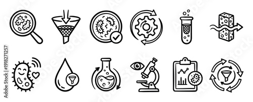 Hand-drawn doodle style icon set for science and biology, featuring symbols of bacteria, microscope, filtration, and laboratory equipment for research and analysis in a simple black outline