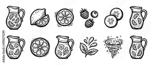 Lemonade and fresh ingredients doodle icon set featuring pitchers, citrus slices, berries, cucumber, and mint in a vintage hand-drawn sketch style for beverage menus