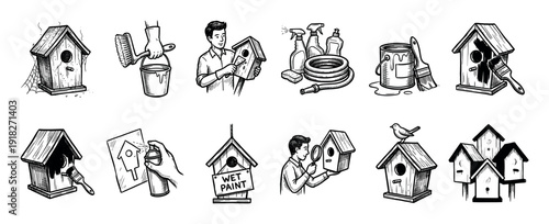 Hand-drawn icon set illustrating birdhouse maintenance, showing the step-by-step process of cleaning, repairing, and painting in a black and white vintage sketch style