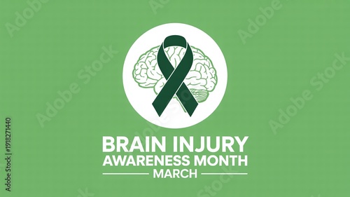 Minimalist Brain Injury Awareness Month March Banner With Green Ribbon And Human Brain Symbol For Healthcare Professional Marketing And Social Media