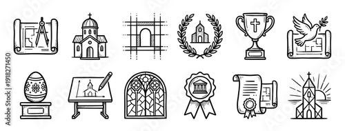 Hand drawn religious icons set showing church architecture, blueprints, a stained glass window, an award trophy, and a dove, all in a black and white doodle sketch style