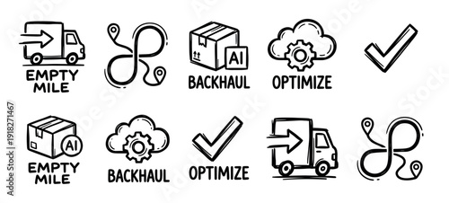Hand-drawn logistics and supply chain icons set illustrating empty mile, backhaul, and route optimization with AI for efficient transport management in a simple doodle style