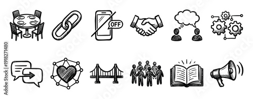 Collection of hand drawn black icons representing business concepts like teamwork, communication, partnership, and community, rendered in a simple, sketchy doodle illustration style