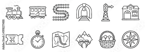 Hand-drawn black and white travel icons featuring a train, railway, map, compass, and station in a simple doodle style for journey and adventure concepts