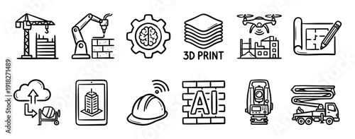 Set of hand-drawn construction technology icons in a simple doodle style, illustrating modern building innovation with symbols for AI, robotics, drones, and 3D printing