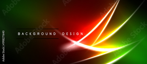 Vibrant abstract background. Neon lines intersect over gradient red, green, yellow hues. Text reads background design. Modern visual element.