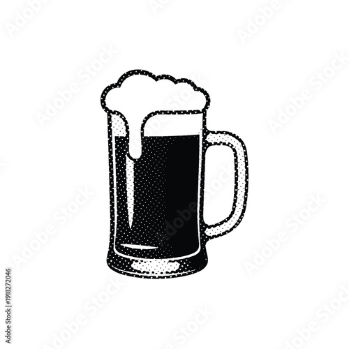 Mug of fresh foamy beer with halftone texture isolated on white background