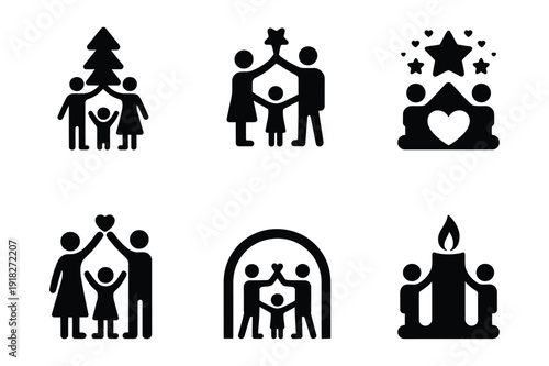Family icons, love and home symbols, black and white vector