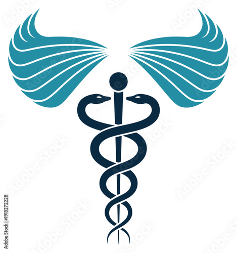 medical caduceus symbol with two snakes, staff, and wings, amor text healthcare emblem, hospital logo, and medicine design for professional clinical branding.