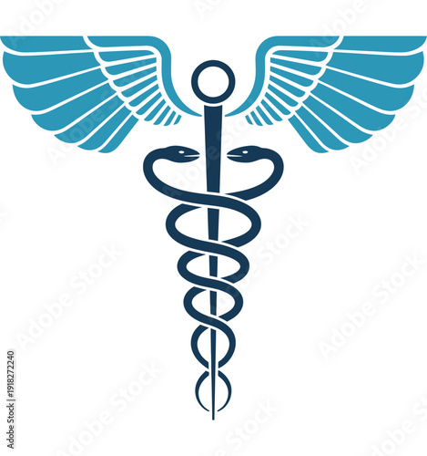 medical caduceus symbol with two snakes, staff, and wings, amor text healthcare emblem, hospital logo, and medicine design for professional clinical branding.