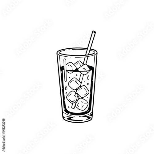 Iced tea glass with ice cubes and drinking straw hand drawn doodle illustration