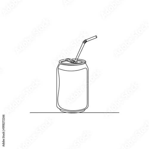Continuous line drawing of aluminum soda can with plastic straw for refreshment