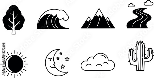 Nature icons set featuring various landmarks and weather conditions