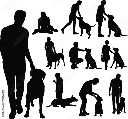Man, with, dog, silhouette, collection, pet, owner, walking, training, playing, black, isolated, animal, vector, set, illustration, design, pack