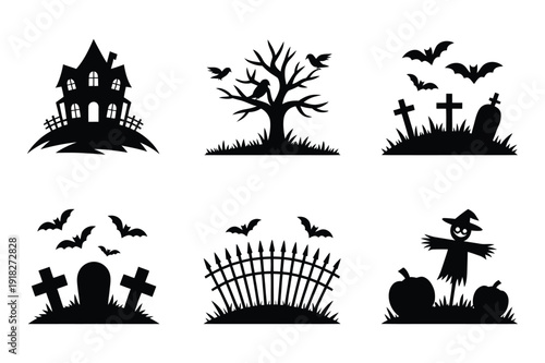 Spooky Halloween Icons: Haunted House, Cemetery, Scarecrow