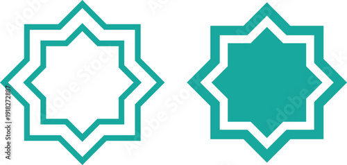 Green Islamic geometric Rub El Hizb ornament icons set with eight pointed star patterns in thin outline and solid fill styles for Ramadan Kareem, Eid Mubarak and Arabic decoration vector design.