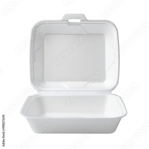 A white styrofoam to go box with the lid open isolated on transparent background