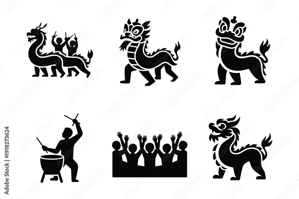 Obraz premium Chinese Dragon and Festival Icons: Dancing Dragons, Drummers, Crowd