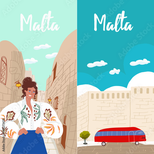Malta vertical background, hand drawn vector line illustration.