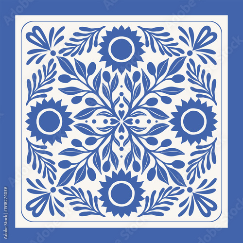 Hand drawn Mediterranean summer scarf print set. Decorative blue square composition with olive, sun and decorative leaf border. Vector illustration.