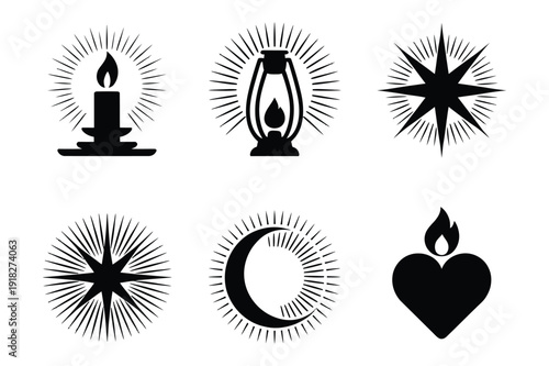 Vintage Light Sources: Candle, Lantern, Star, Moon, Heart Icons