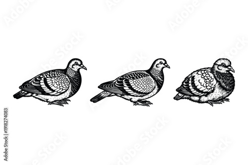 Pigeons Perched - Realistic Engraving Style Illustration