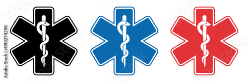 star medicine set icons with snake, featuring the star of life healthcare symbol, emergency medical vector design, and hospital pharmacy branding.