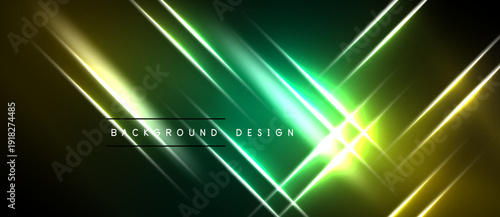 Abstract neon lines create vibrant green, yellow glow. Dark background emphasizes bright illumination, modern design elements.