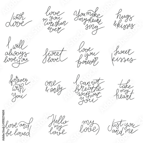 Hand-drawn doodle set of love lettering on a white background.