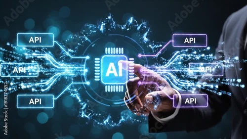 Futuristic AI Holographic Interface – Corporate Technology and API Integration Concept, businessman touching virtual screen