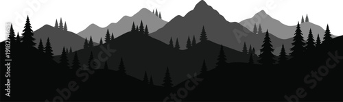 Serene mountain landscape with silhouetted trees in the foreground against layered peaks in various shades of gray conveying a sense of depth and tranquility.