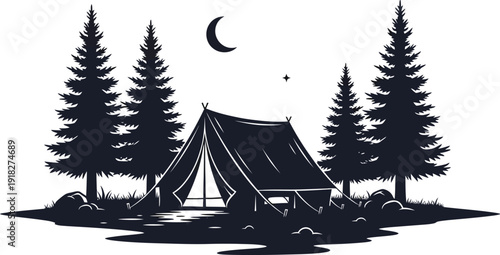 Serene tent pitched beside a tranquil lake surrounded by tall pine trees under a crescent moon and starry night sky peaceful camping scene.