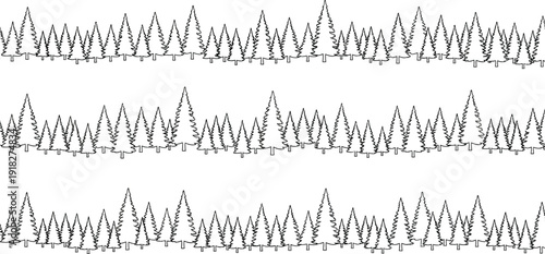 Simple black and white illustration of three rows of coniferous trees on a plain white background, perfect for nature or environmental design projects.