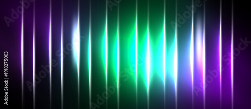 Vertical glowing lines create abstract wave pattern. Bright colors transition from purple to green, then back. Dark background emphasizes luminosity.
