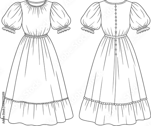 Vintage puff sleeve dress CAD drawing, front and back flat vector, romantic fashion illustration, long ruffle gown technical sketch