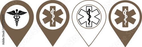 vector illustration of medical location map pins with healthcare symbols, including caduceus and emergency star for hospital clinic finders and medicine apps.