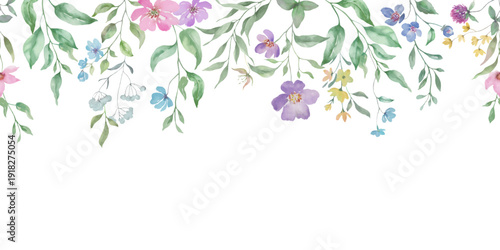Watercolor Floral Border with Hanging Spring Flowers and Greenery, Pastel Botanical Background for Mother’s Day Card. Hand drawn illustration. Vector EPS