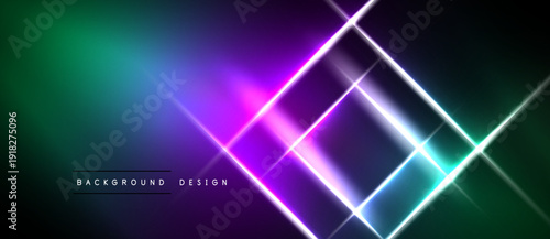 Vibrant neon gradients intersect forming geometric lines. Dark background enhances glowing effect, modern design element.