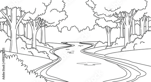 Serene black and white illustration of a winding river flowing through a forest with trees and lush vegetation on the banks creating a peaceful natural landscape scene for relaxation and coloring.