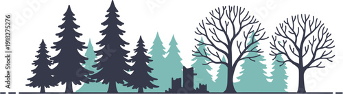 Serene forest landscape illustration featuring varying tree silhouettes in shades of dark blue and light teal, creating a soothing atmosphere with subtle depth and visual interest.