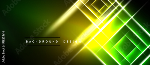 Abstract neon lines create dynamic gradient background. Bright yellow, green hues dominate dark space. Modern design element.