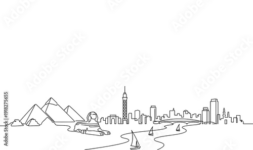 Cairo City Skyline Monoline Vector Background with Pyramids