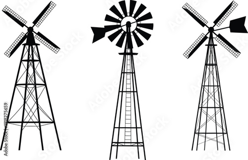 Vintage windmills set, rural wind turbine, agricultural energy tower, renewable wind power icon, traditional farm windmill silhouette vector
