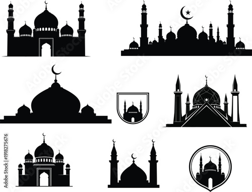 Collection of mosque silhouettes with various architectural styles and details