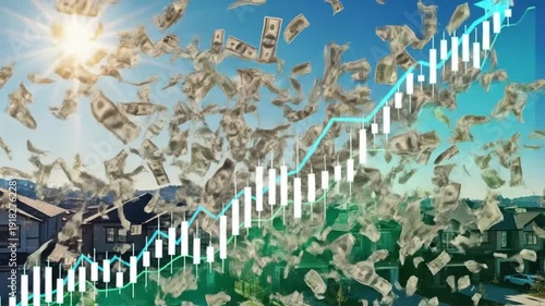 Real Estate Boom Concept with Rising Stock Chart and Falling $ Bills