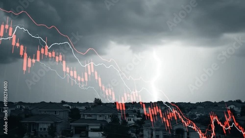 Suburban Neighborhood Under Storm with Falling Stock Market – Economic Downturn and Financial Risk Concept, lightning over the city