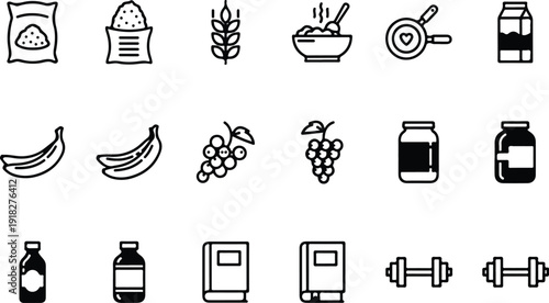 Grains and pantry staples icon set. Glyph black silhouettes - flour bag, wheat ear, cereal bowl, pasta box, beans, corn, oil bottle, sugar jar, measuring spoons. vector icon.