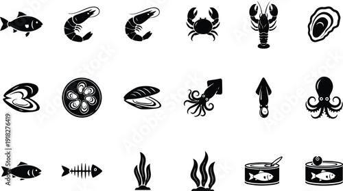 Fish and seafood icon set. Glyph black silhouettes - salmon fillet, crab, oyster, squid, mussel, shrimp, crab, oyster, squid, mussel, fishbone. Flat vector pictograms